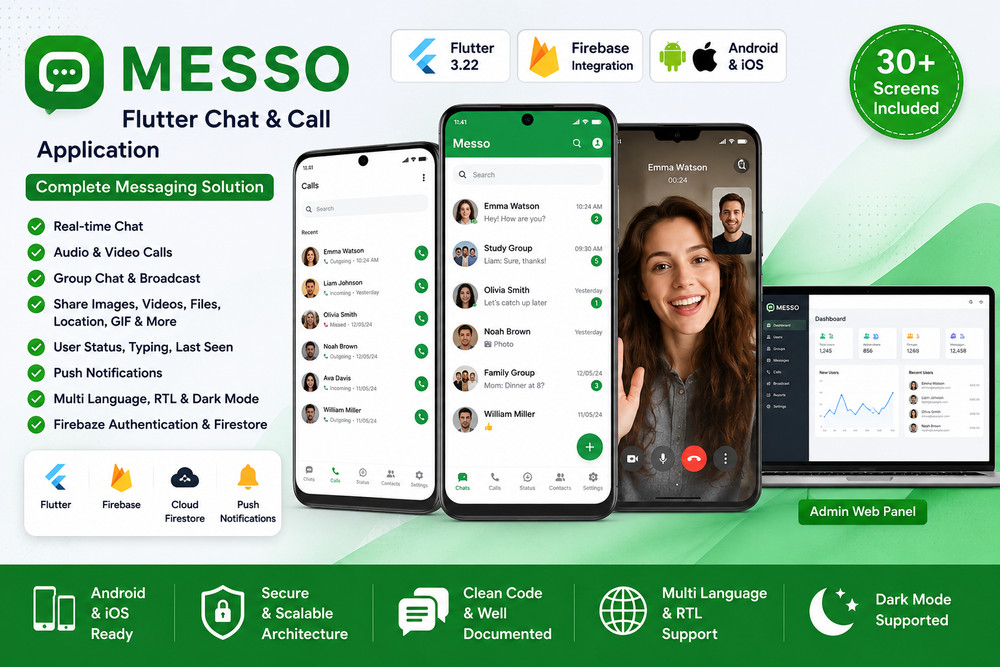 Messo – Flutter Messaging, Chat + Video Call App | Android & iOS | Admin Panel