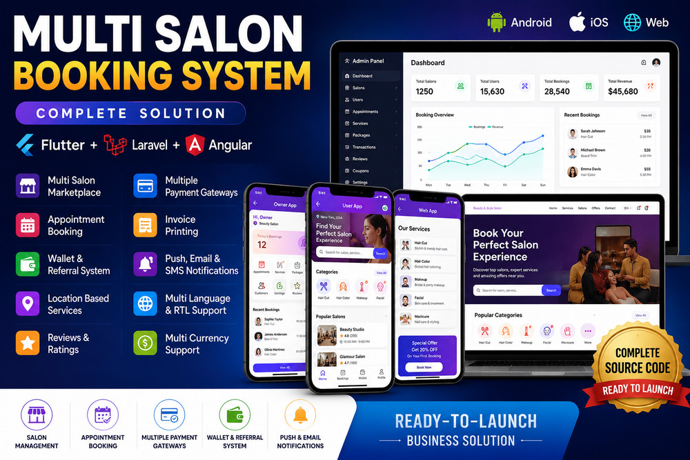 Multi Salon Booking Appointment Flutter App | Android + iOS | Laravel Backend