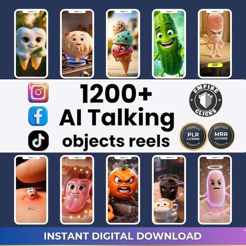 1200+ AI Talking Object Videos | Viral Reels Bundle PLR MRR | Faceless Content