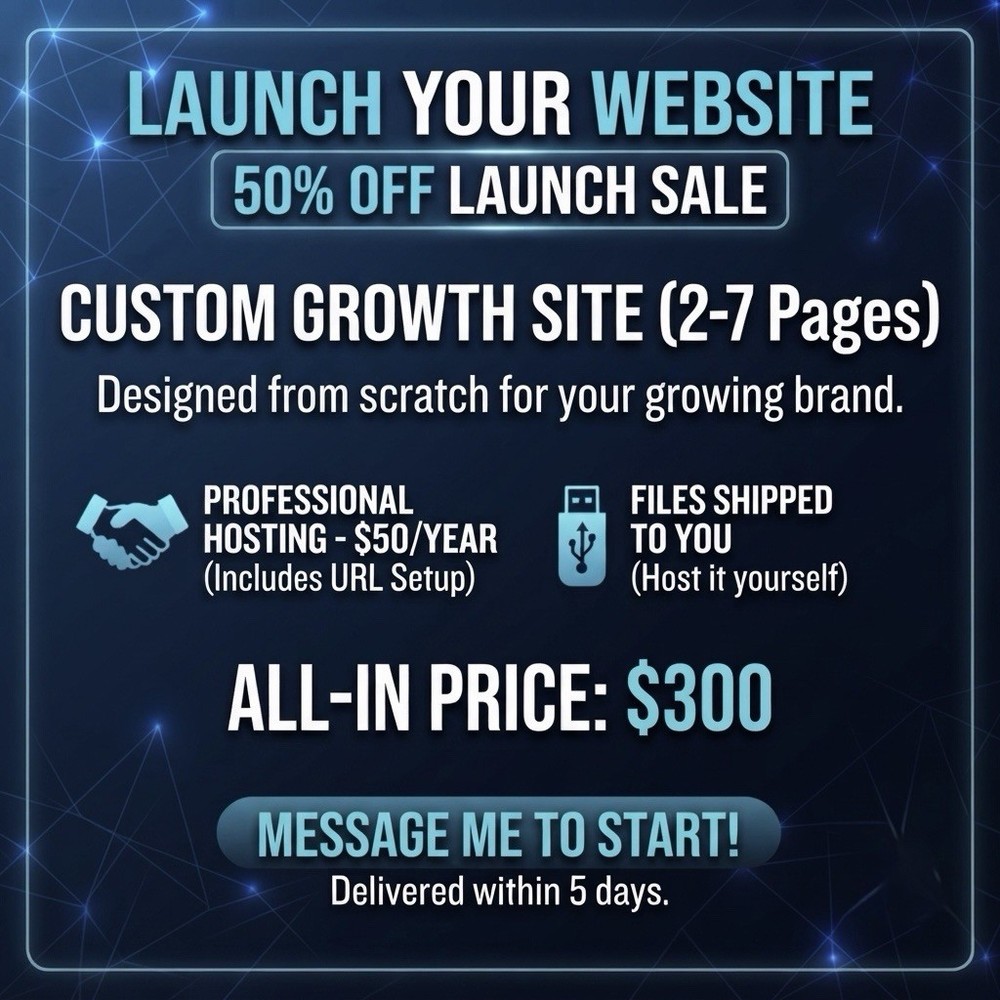 Custom Growth Website (2-7 Pages) | Design & Hosting/Files Options | $300 Total