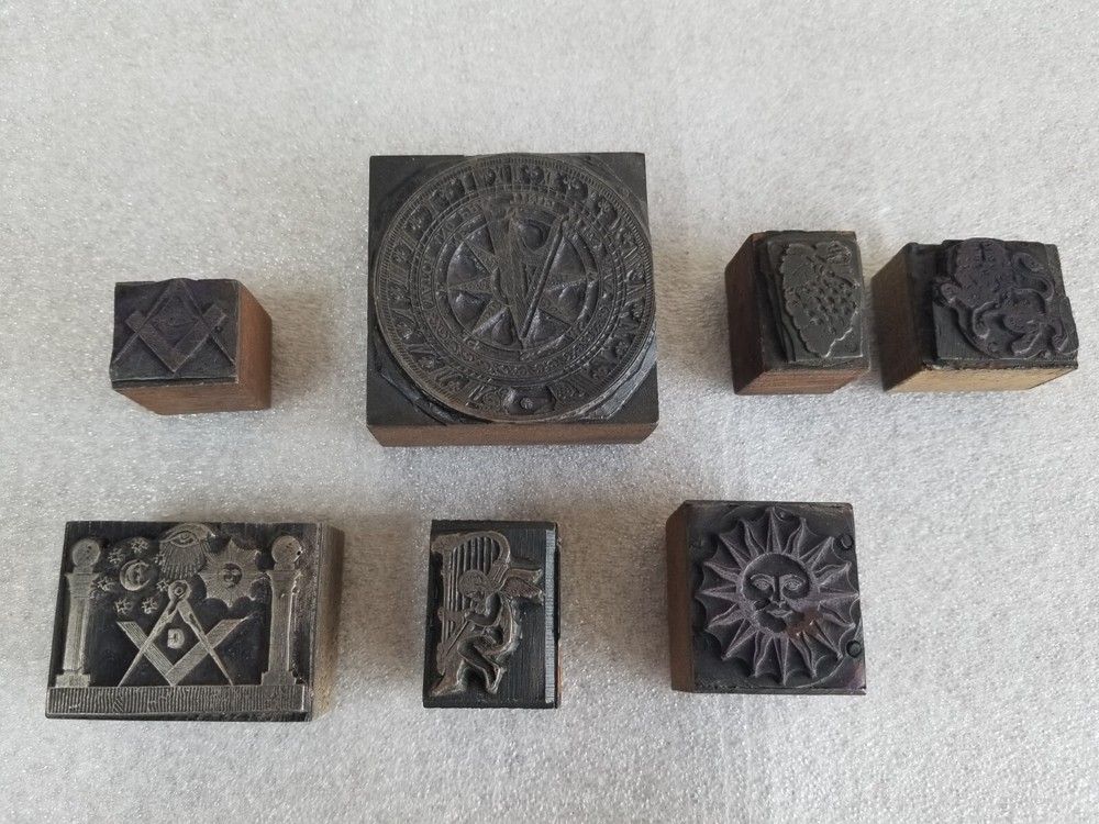 7x Vintage Masonic All Seeing Eye Letterpress Printing Blocks Stamps Wood Metal