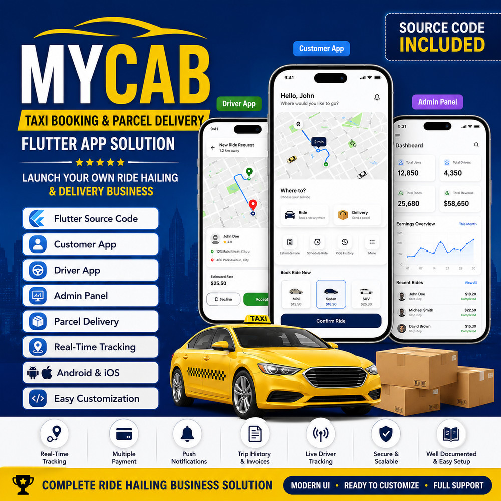 MyCab Taxi Booking & Parcel Delivery Flutter App | Android & iOS | Admin Panel