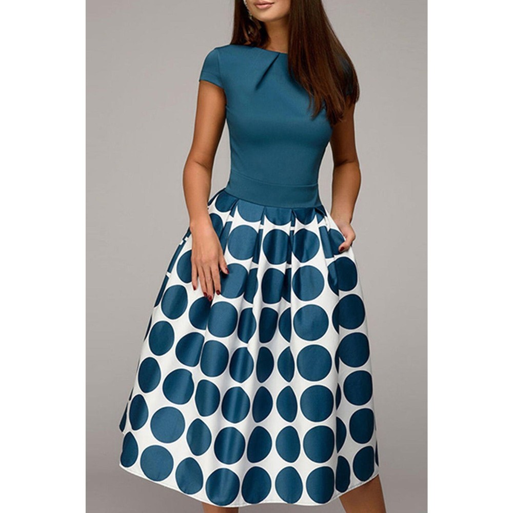 POLKADOT VINTAGE A LINE DRESS – SPRING – CASUAL – SIZE L – BLUE & WHITE