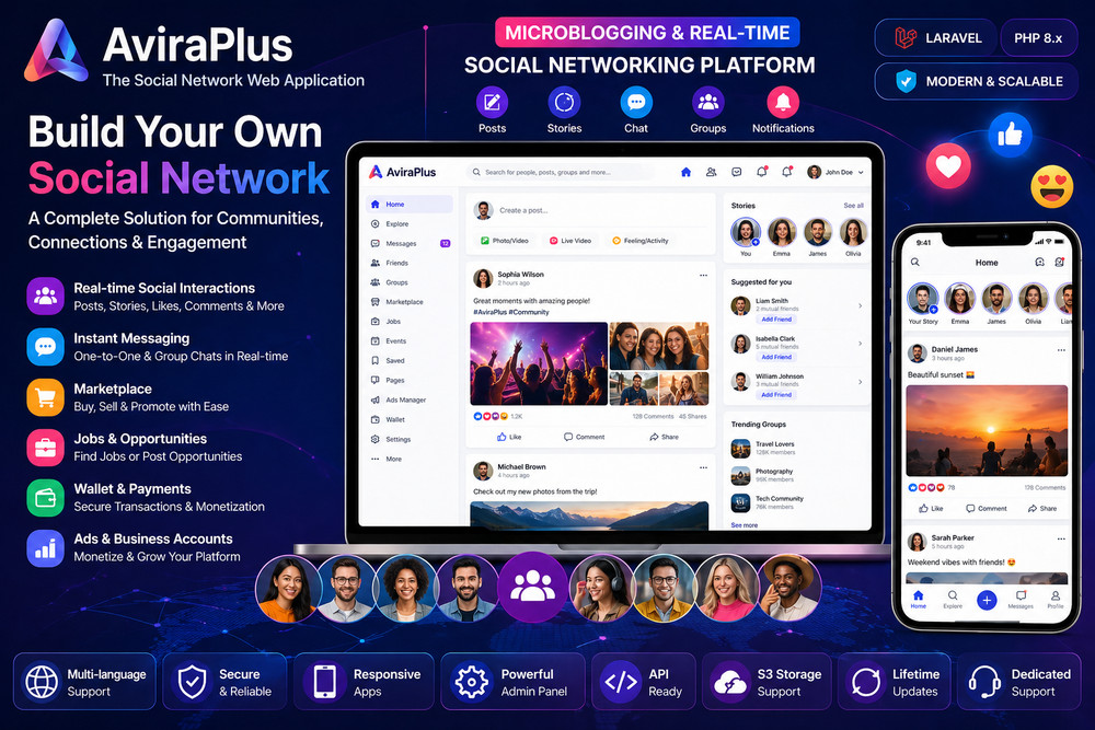 AviraPlus – PHP Social Network Platform | Community, Chat, Marketplace, Subsrptn