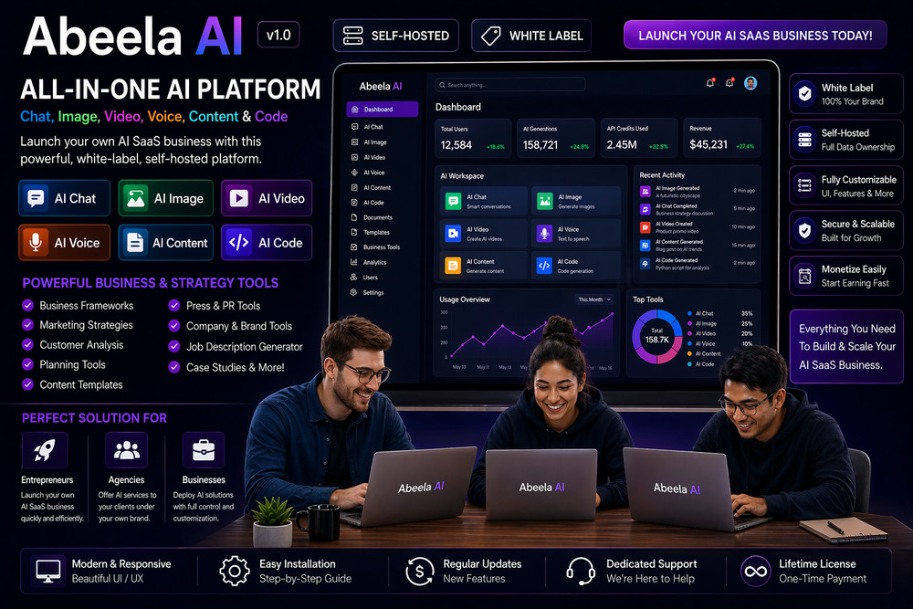 Abeela AI SaaS Platform | AI Chat, Image, Video, Voice, Content & Code Generator