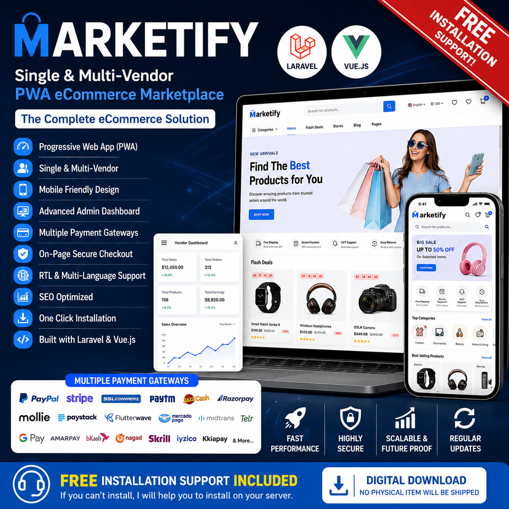 Marketify eCommerce CMS | Single & Multi-Vendor PWA Marketplace | Laravel Vue