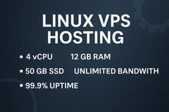 Linux VPS Hosting 12GB RAM / 50GB SSD / 4 vCPU – Unlimited Bandwidth / 12 months