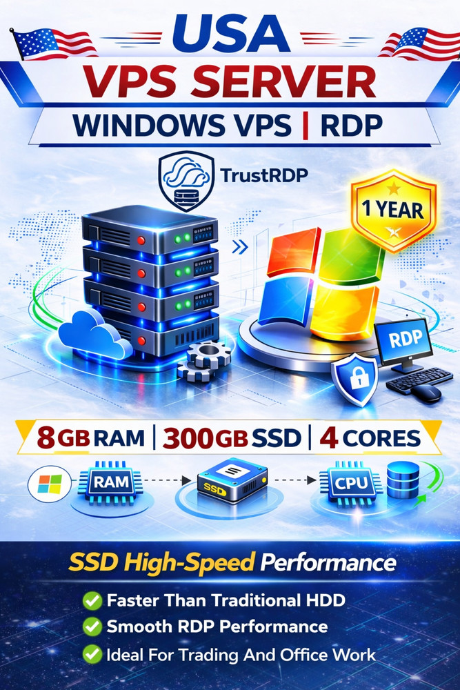 Windows VPS RDP Server 8GB RAM 300GB SSD 1 Year Fast Remote Desktop Hosting