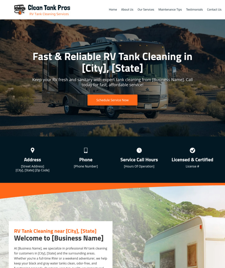 RV Tank Cleaning Customized Business Website *SEE FULL DESCRIPTION*
