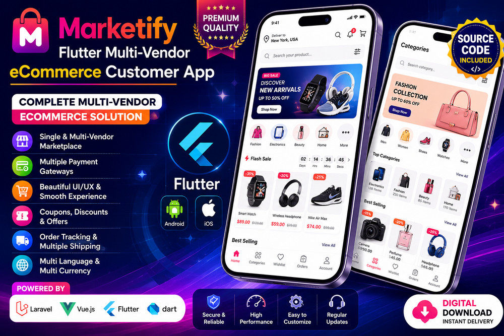 Marketify Flutter Multi-Vendor eCommerce Customer App | Flutter Android & iOS