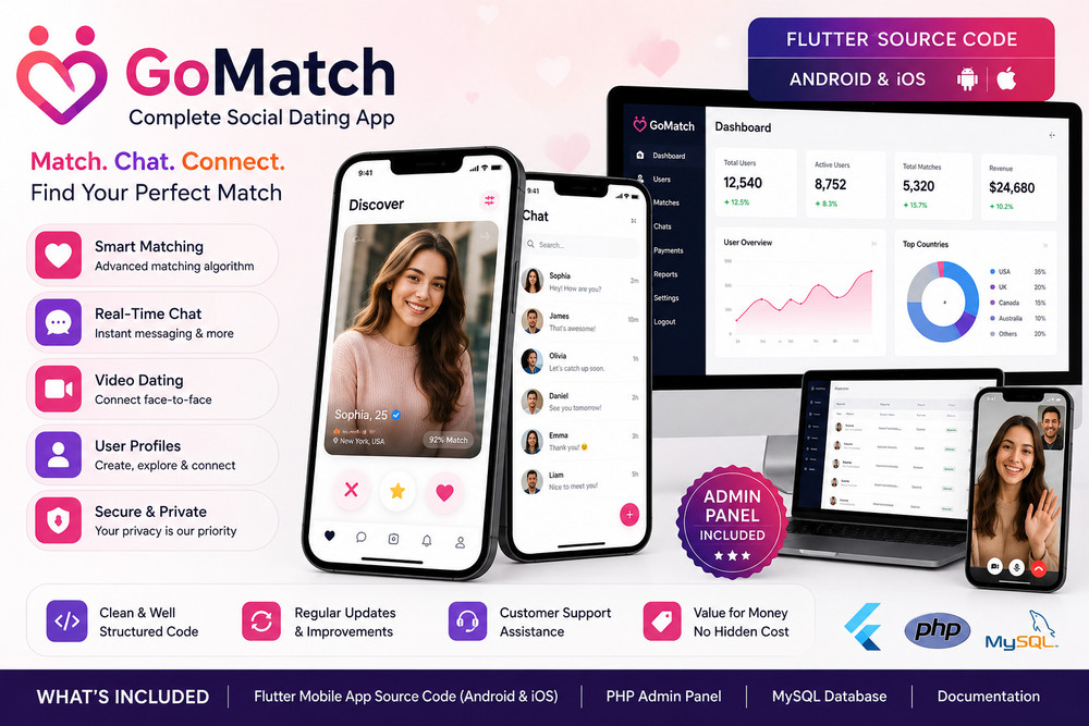 GoMatch Dating Flutter App | Android + iOS | Match, Chat, Video Dating