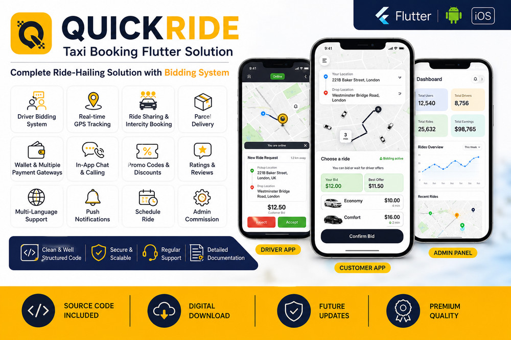 QuickRide Taxi Booking Flutter App with Bidding | Android & iOS + Admin Panel