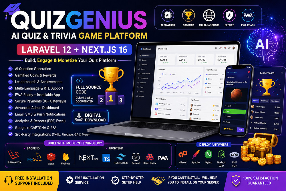 QuizGenius – AI Quiz & Trivia Game PHP Platform | Laravel Admin Panel + Next.js