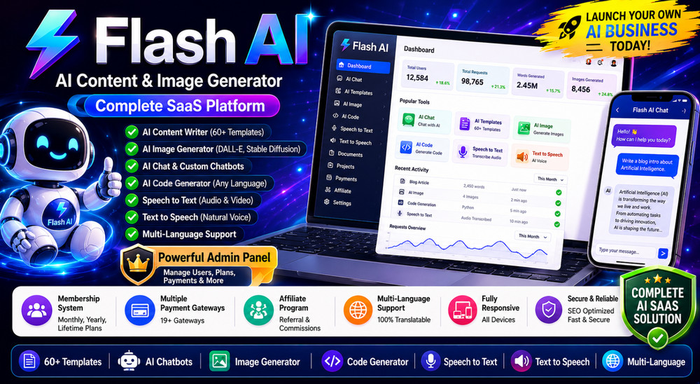 FlashAI – AI Content & Image Generator SaaS Platform | Chatbots, Code, Speech